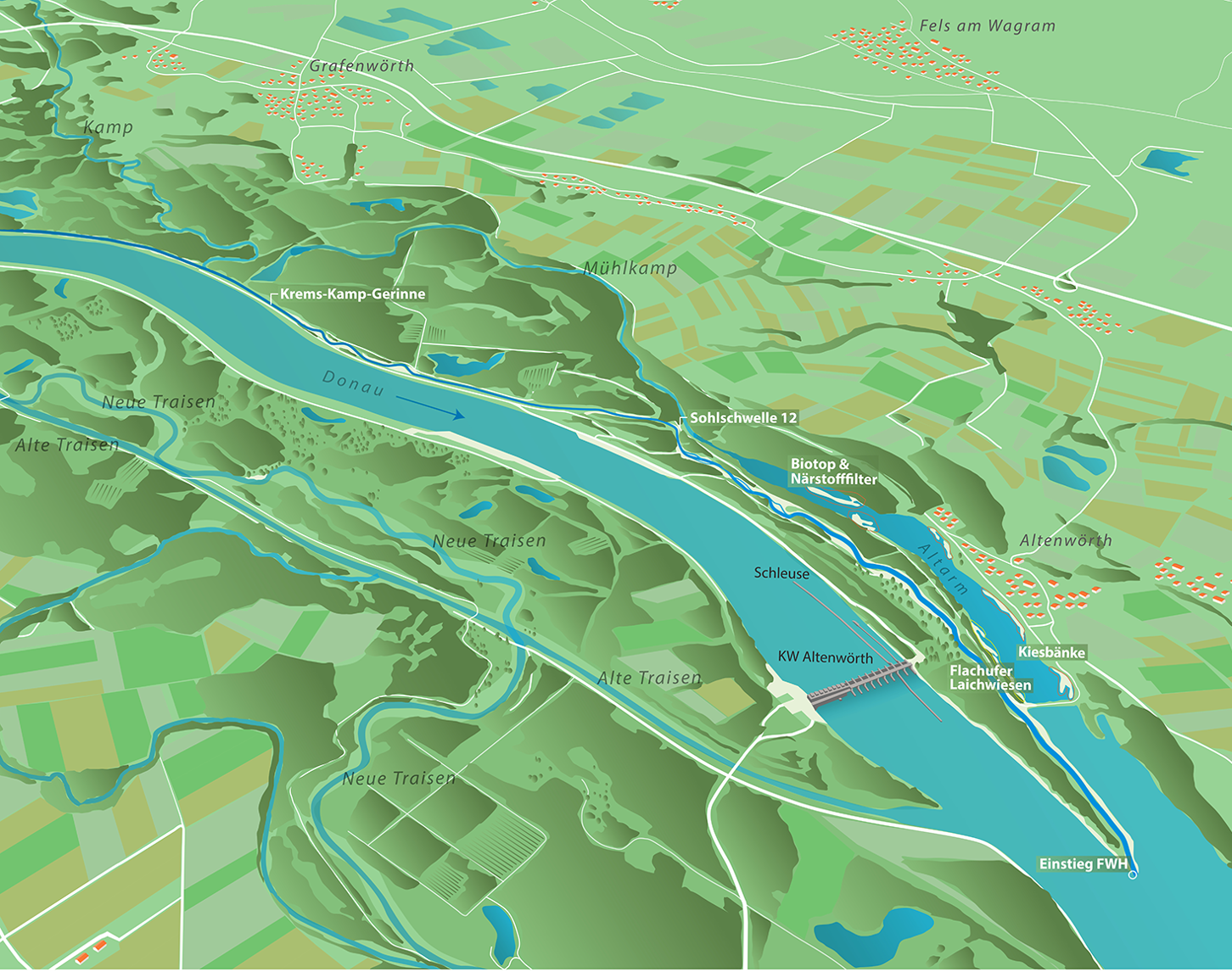 Die stilisierte Karte zeigt das Projektgebiet von LIFE Network Danube Plus.